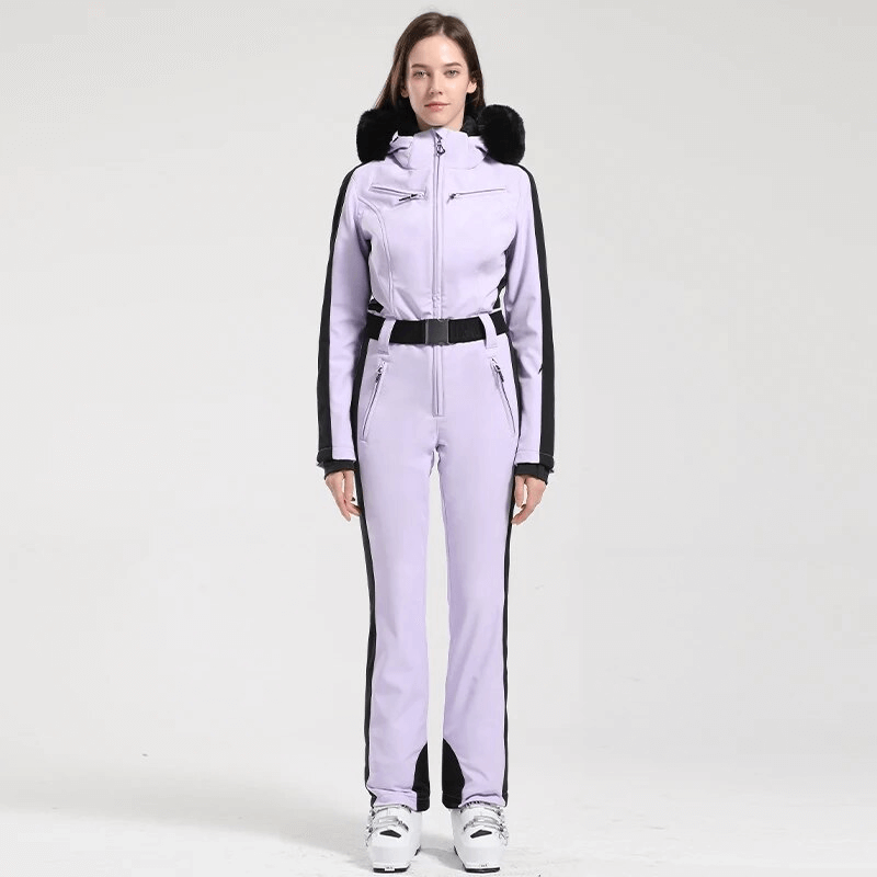 Women's warm one-piece ski suit with hood in light purple, designed for performance with windproof, waterproof features.