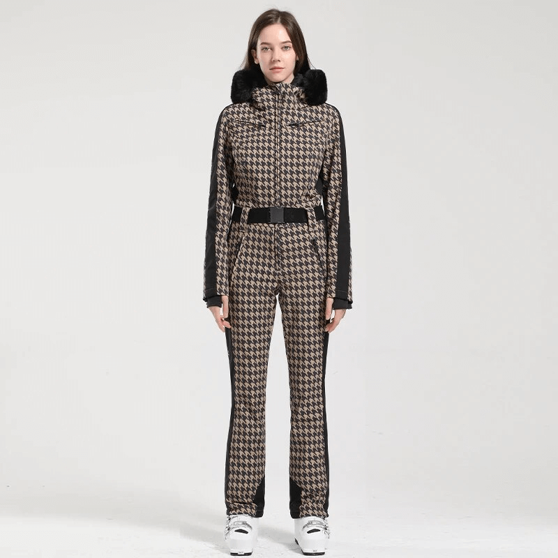 Stylish houndstooth women's warm one-piece ski suit with hood, designed for comfort and performance on the slopes.