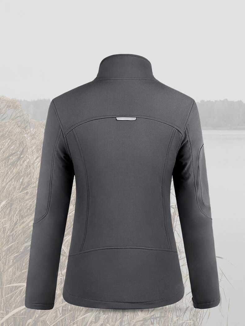 Back view of women's warm windbreaker with zipper, mandarin collar, in fleece polyester. Perfect for outdoor sports, windproof and waterproof.