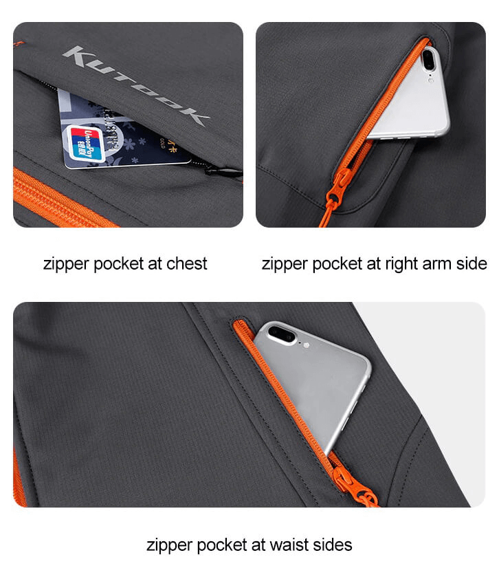 Close-up of women's windbreaker showing zipper pockets at chest, right arm side, and waist, ideal for secure storage during outdoor activities.