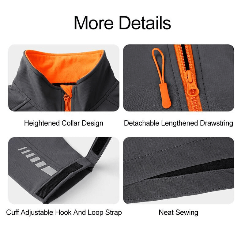 Close-up of women's warm windbreaker with mandarin collar, zipper, adjustable cuff, and neat sewing for outdoor sports