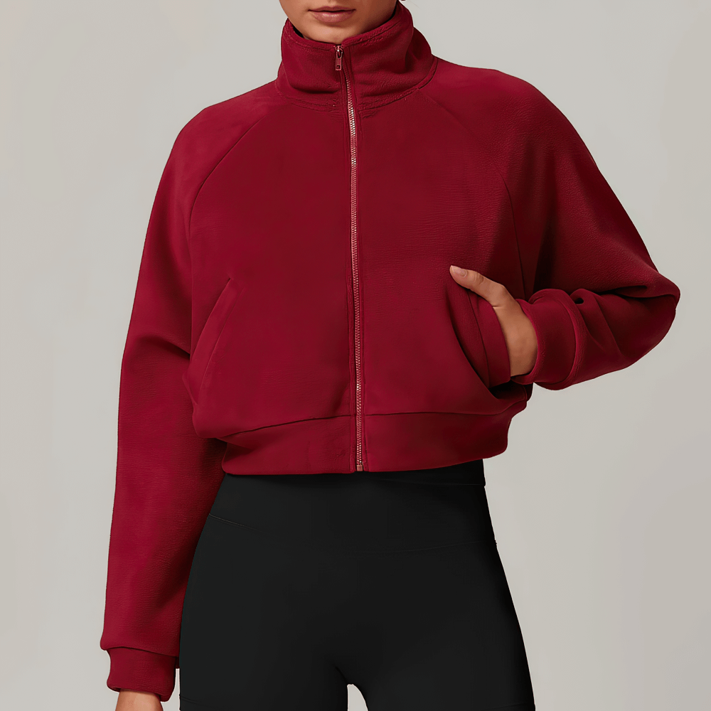 Women's warm windproof winter jacket SF2347, red color, featuring full-length sleeves and zipper, ideal for yoga and outdoor fitness.