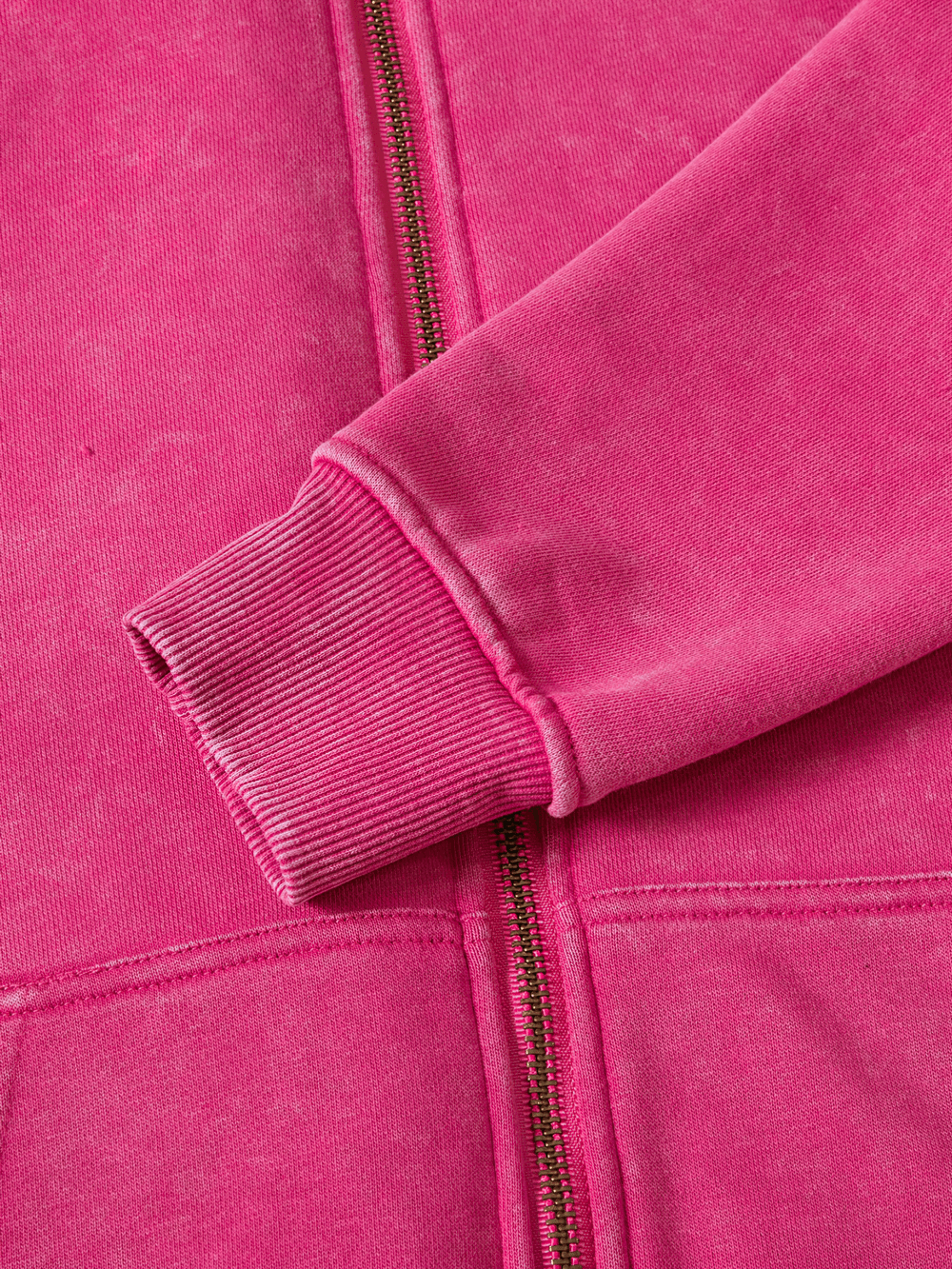 Alt Tag: Women's Washed Zip-Up Hooded Casual Sport Hoodie - SF4508 pink washed zip-up detail with ribbed cuff and zipper close-up