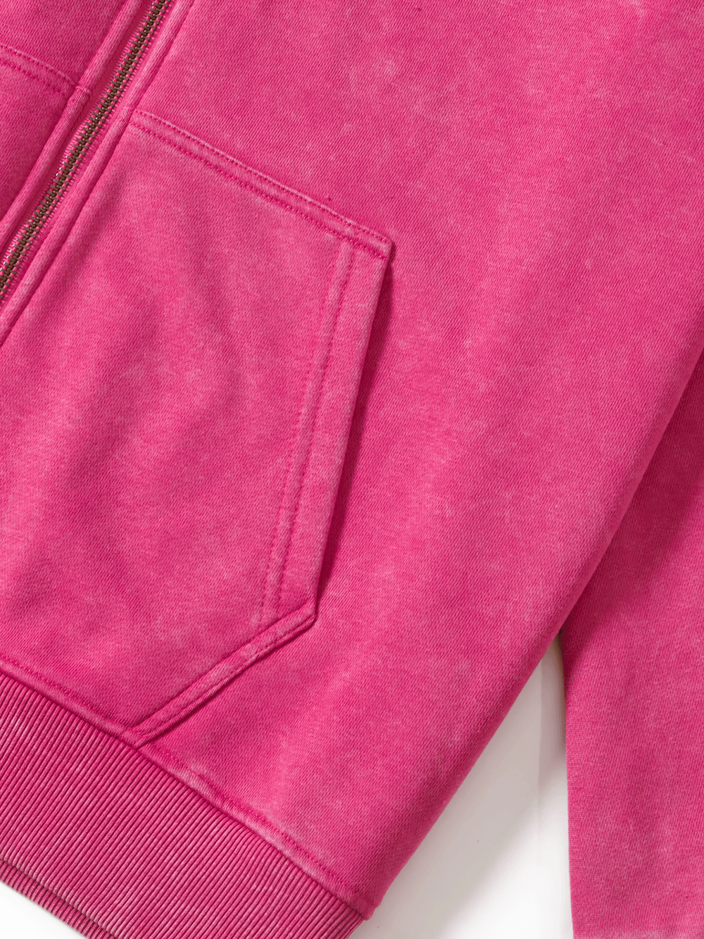 Alt Tag: Close-up of pink washed zip hoodie pocket and zipper detail — Women's Washed Zip-Up Hooded Casual Sport Hoodie - SF4508