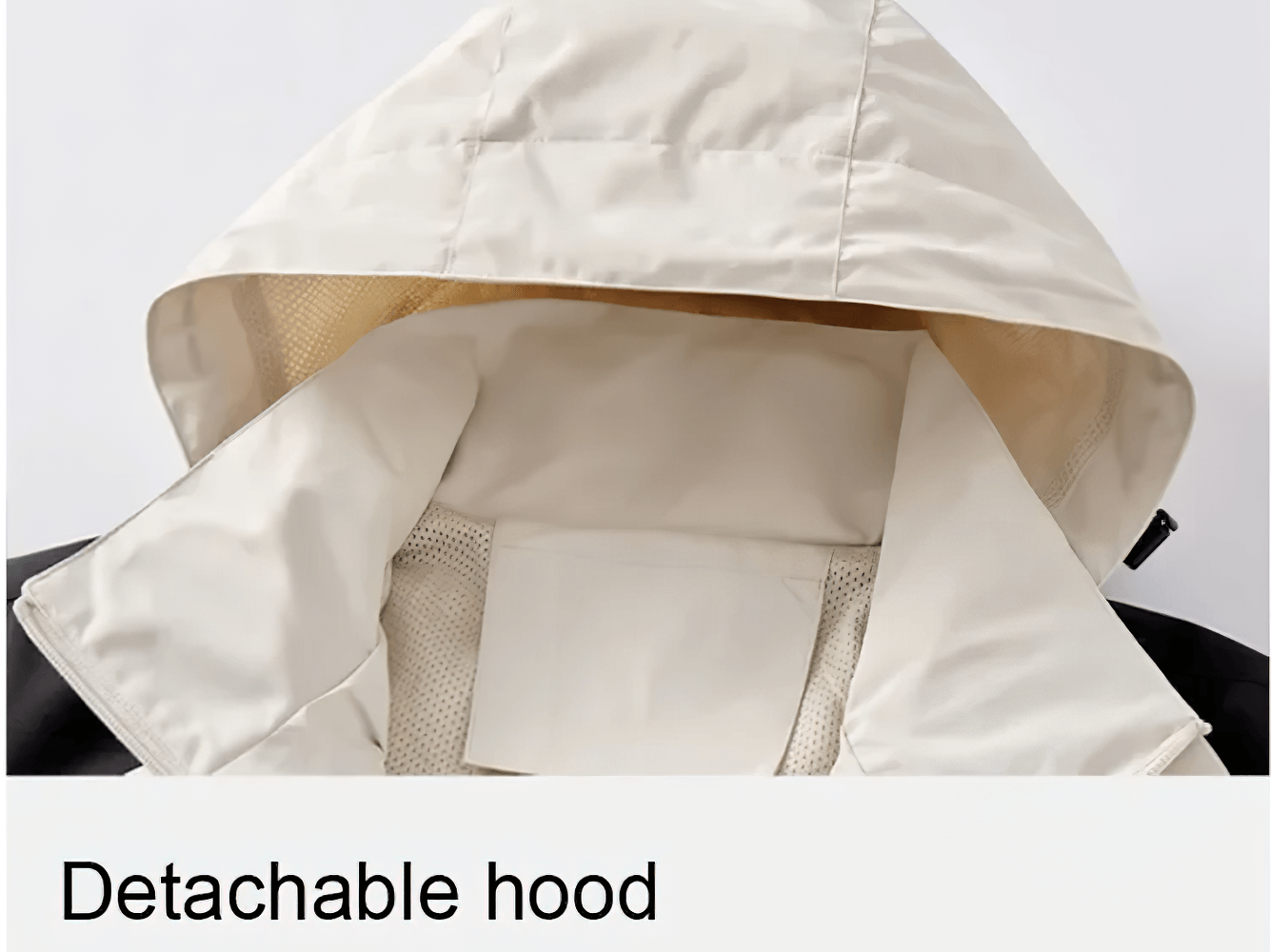 Close-up of detachable hood on women's waterproof windbreaker SF2307, perfect for hiking and outdoor activities, beige color.