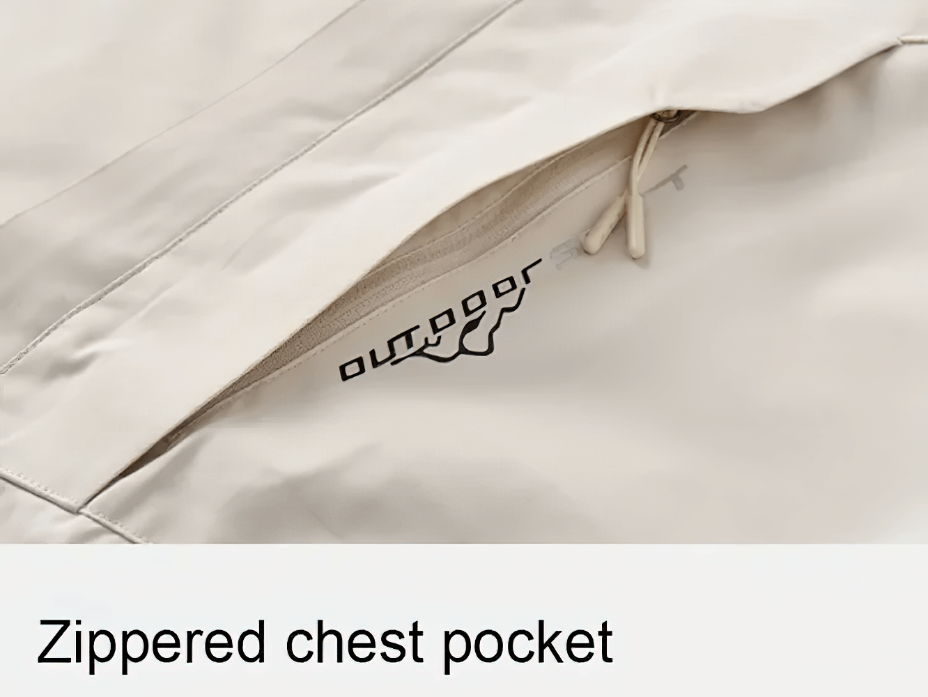 Close-up of waterproof windbreaker zippered chest pocket for outdoor hiking and camping gear storage.