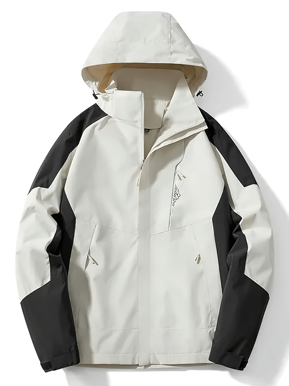 Lightweight women's waterproof hooded windbreaker in cream and black, ideal for hiking, camping, with quick-dry and UV protection features.