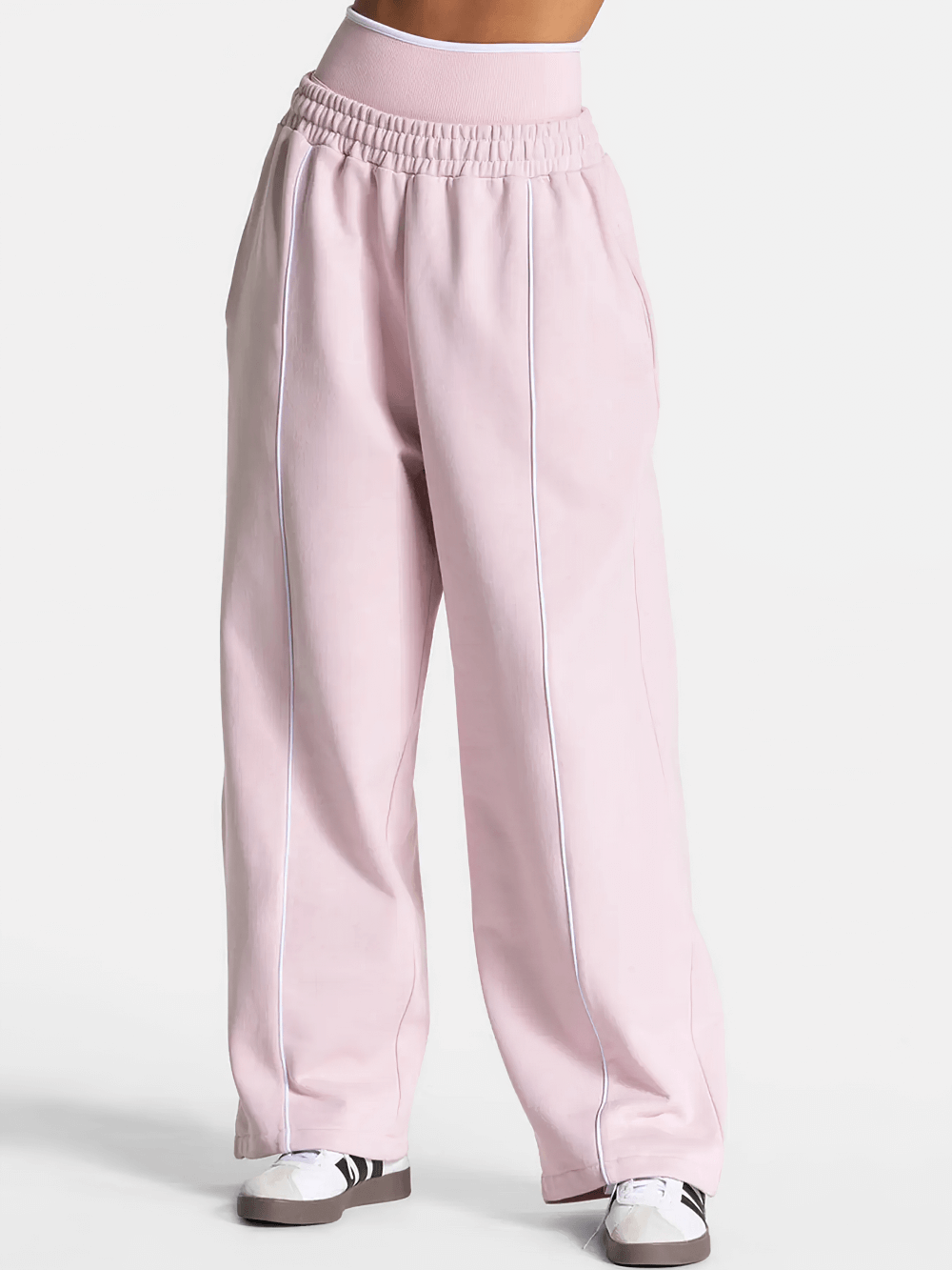Women's Wide-Leg Running Pants with Elastic Waist - SF4264 in pink with side piping and pockets