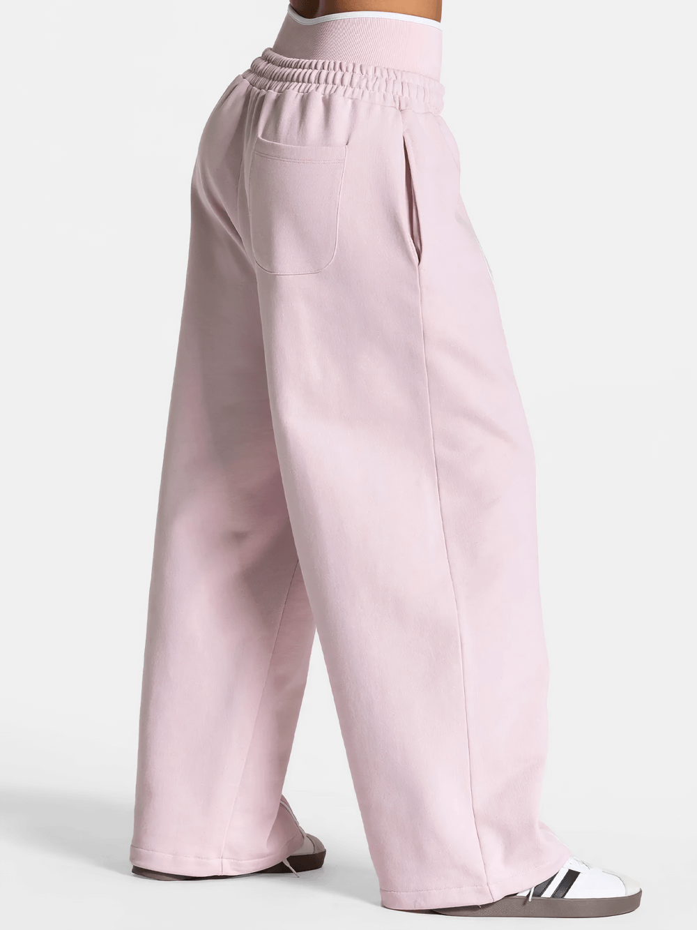 Women's Wide-Leg Running Pants with Elastic Waist - SF4264 in pink, showcasing loose fit with deep pocket and elastic waistband, side view.