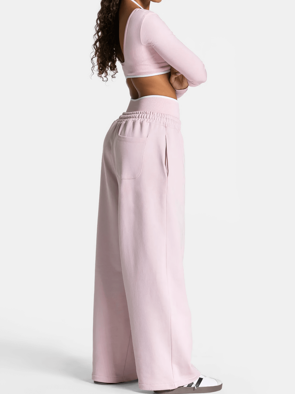 Women's Wide-Leg Running Pants with Elastic Waist - SF4264 in soft pink, featuring deep pockets and a full-length loose fit for active comfort.