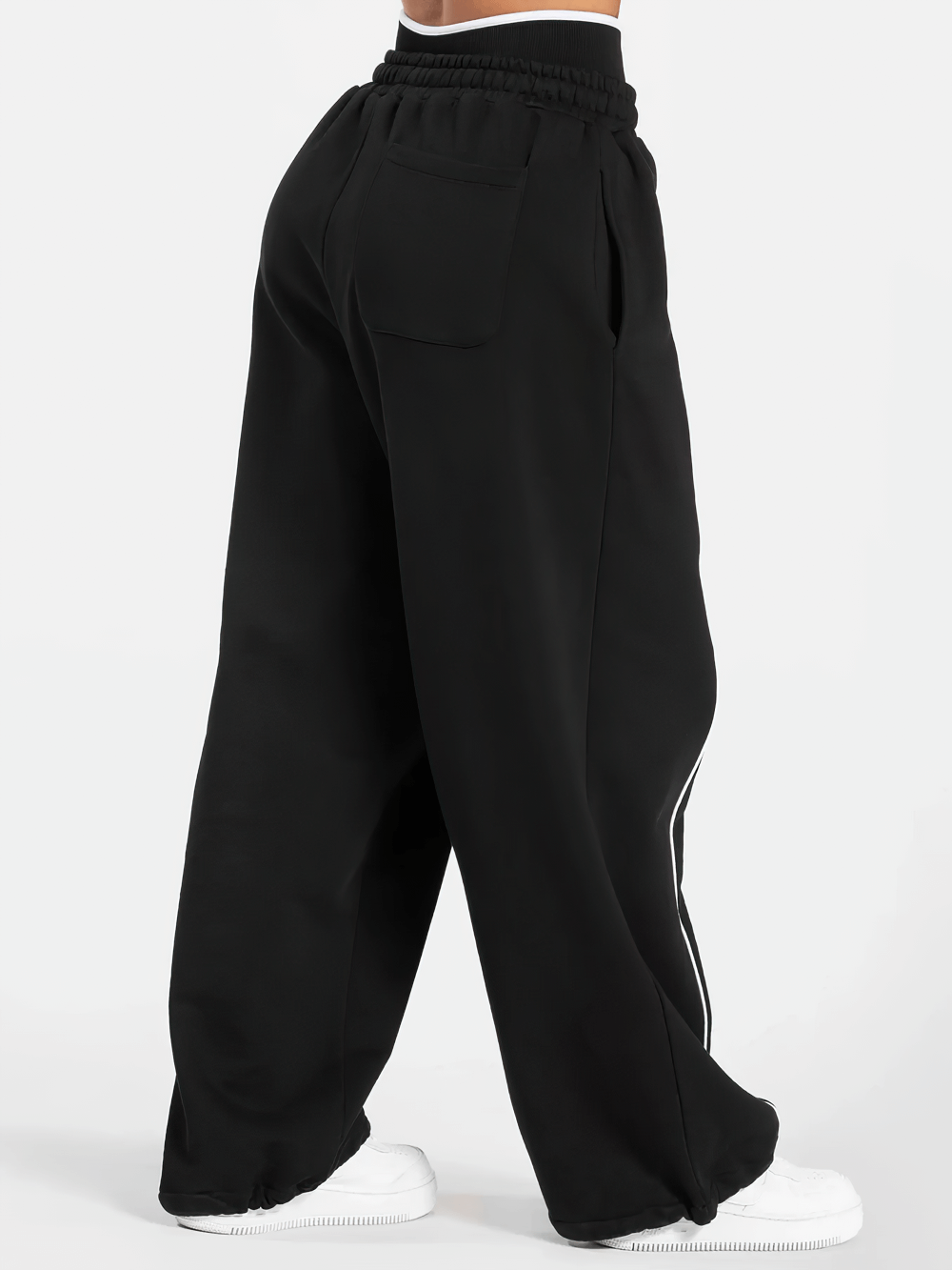 Women's Wide-Leg Running Pants with Elastic Waist - SF4264 in black, rear view showing pockets and piping detail.