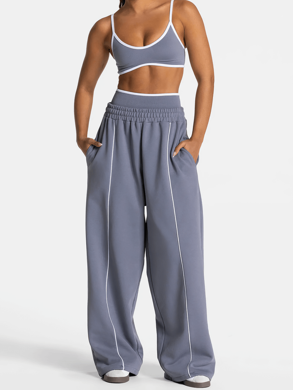 Women's Wide-Leg Running Pants with Elastic Waist - SF4264 featuring loose fit, pockets, and piping for active wear and athleisure.
