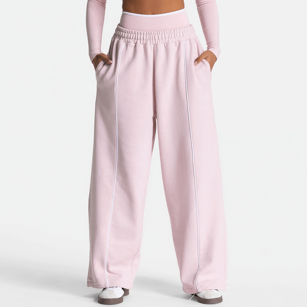 Women's Wide-Leg Running Pants with Elastic Waist - SF4264 featuring pockets, piping, and a flowing spandex-polyester design for active wear.