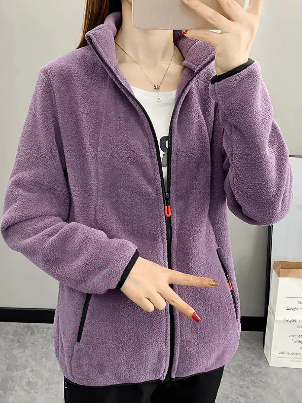 Stylish Women's Windproof Thermal Fleece Jacket for Hiking - SF4085 in purple, featuring full zip and cozy stand collar.