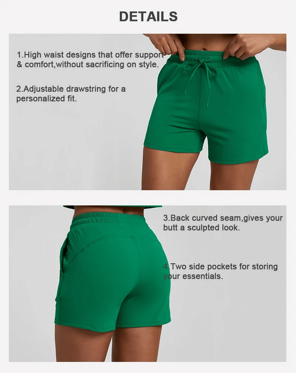 Green high-waist women's workout shorts with adjustable drawstring and side pockets, offering a sculpted look and comfortable fit.