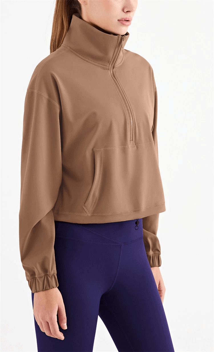 Comfortable women's workout sweatshirt with pocket and v-neck, perfect for fitness activities.