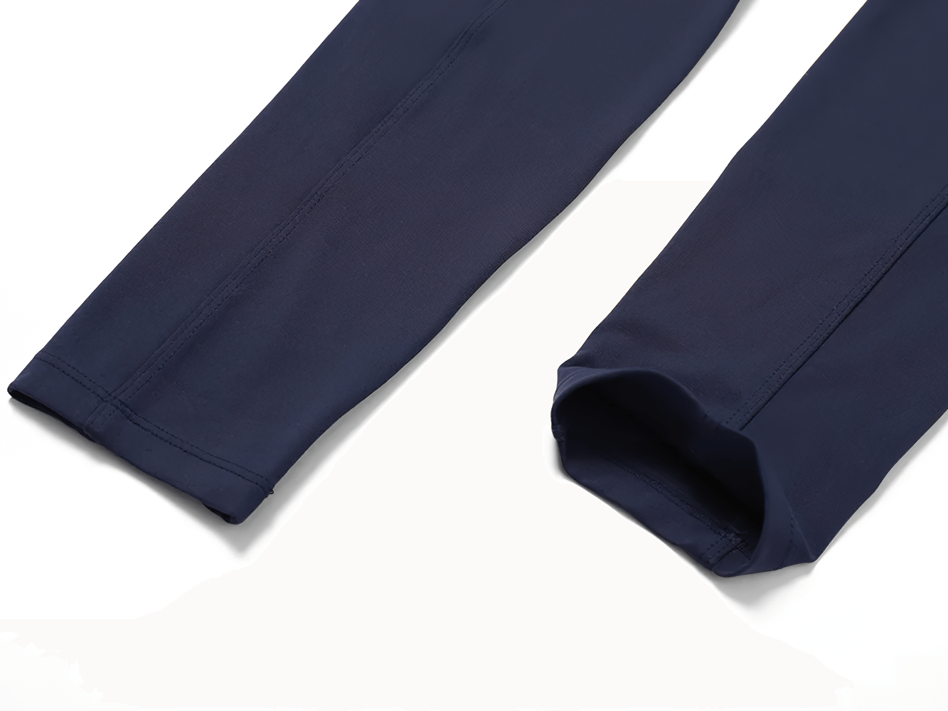 Close-up of navy high-waist yoga leggings featuring durable, breathable, quick-dry fabric for versatile athletic use.