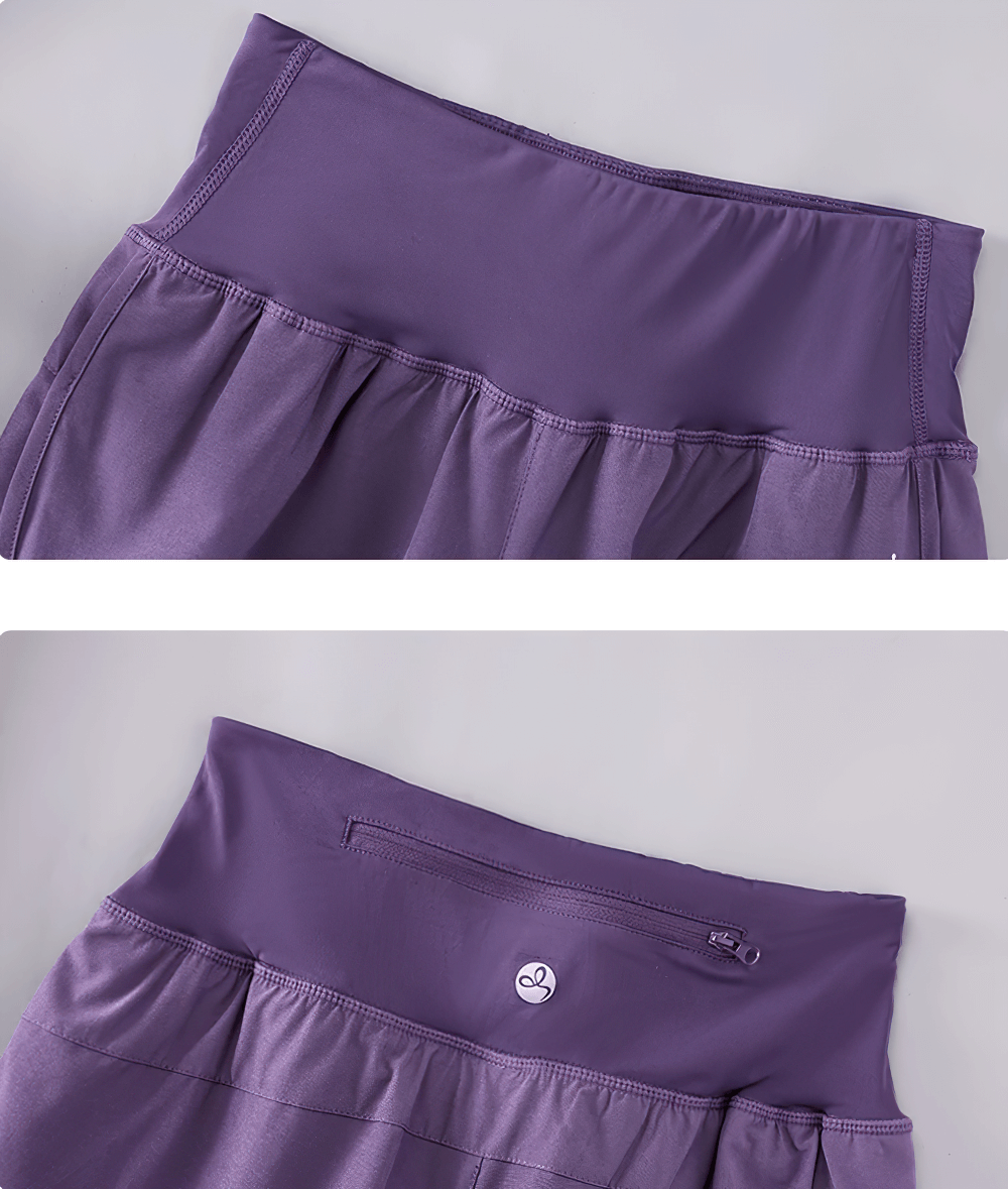 Women's Yoga Shorts with Built-In Skirt Layer - SF3799 in purple, featuring elastic waist and seam pockets for gym or yoga.