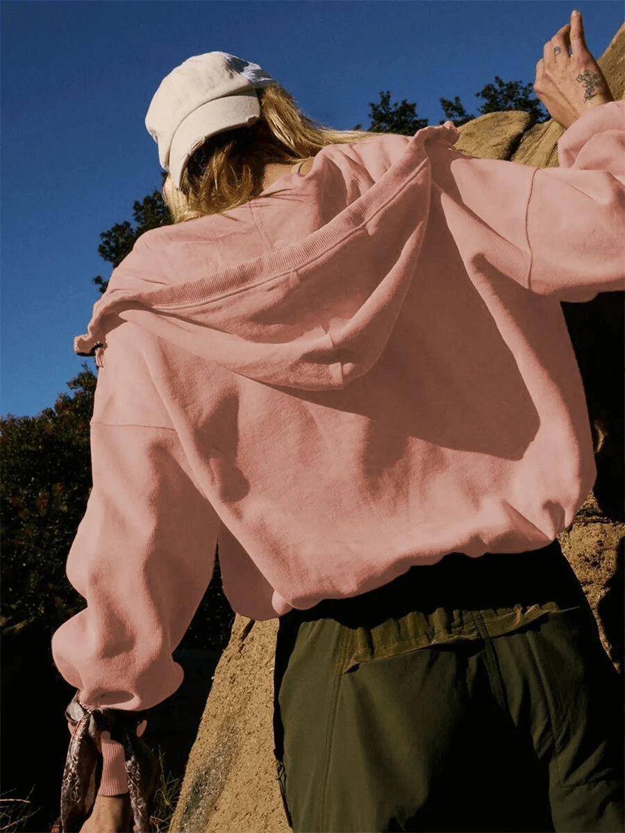 Lockerer, einfarbiger Kapuzenpullover für Damen mit Reißverschluss und Taschen – SF1586 