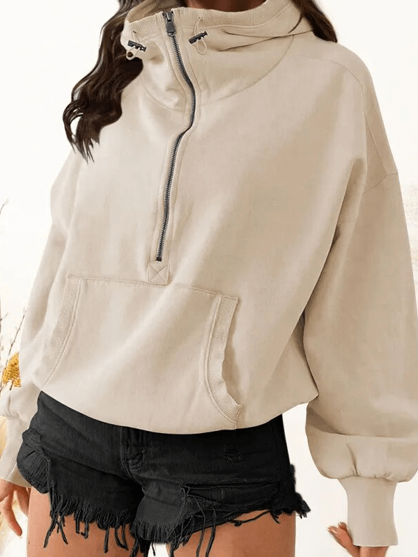 Women's Zip-Up Loose Solid Hoodie with Pockets - SF1586
