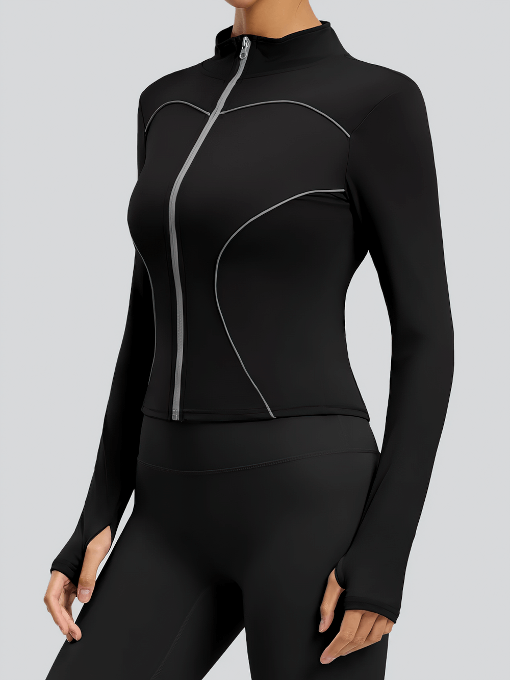 Women's Zip Up Running Jacket with Thumb Holes - SF4084 in black, O-neck collar, sleek fit, compression and quick-dry fabric.