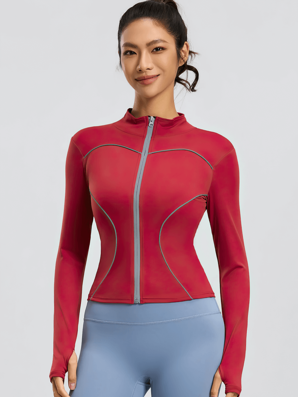 Women's Zip Up Running Jacket with Thumb Holes - SF4084 in red with sleek design