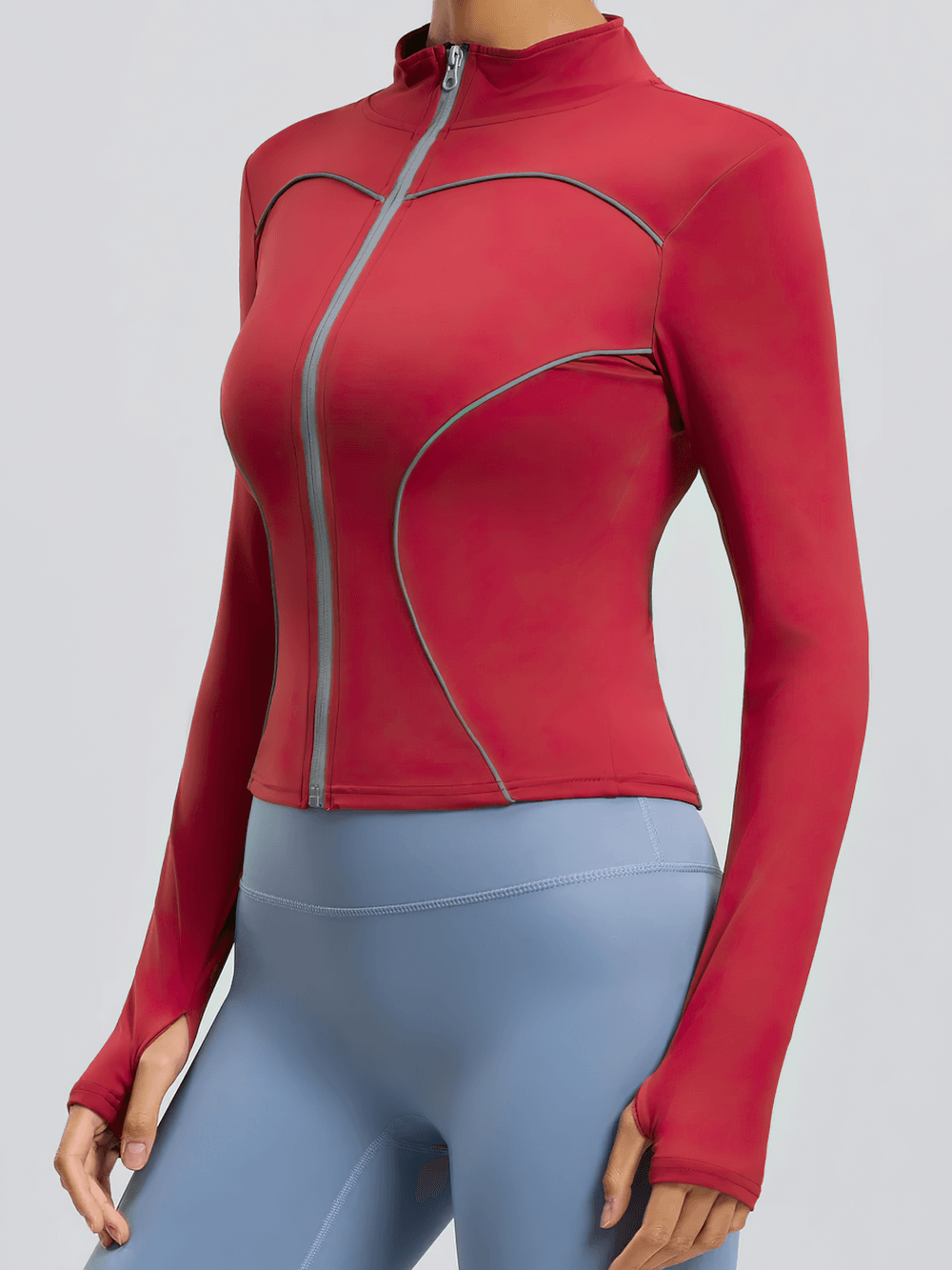 Women's Zip Up Running Jacket with Thumb Holes - SF4084 in red, featuring full zip, contour seams, and thumbhole cuffs for training.