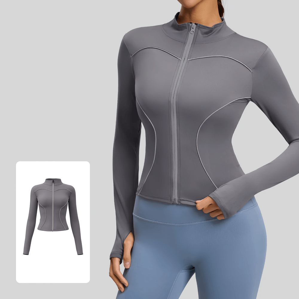 Women's Zip Up Running Jacket with Thumb Holes - SF4084 in sleek gray with compression fit, O-neck collar, and thumbhole cuffs.