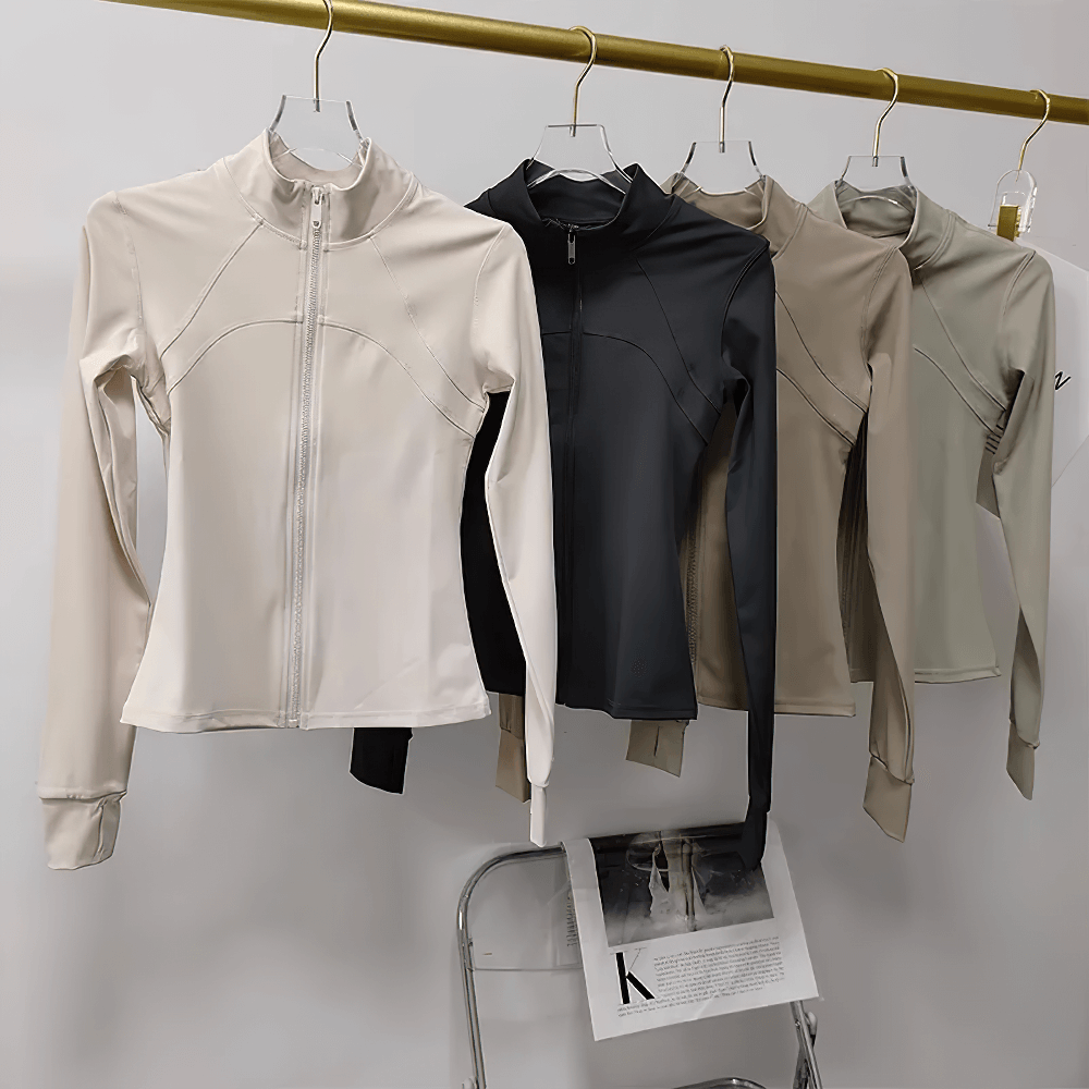 Women's Zip-Up Running Training Jacket Stand Collar - SF4030 in various colors hanging on a rack.