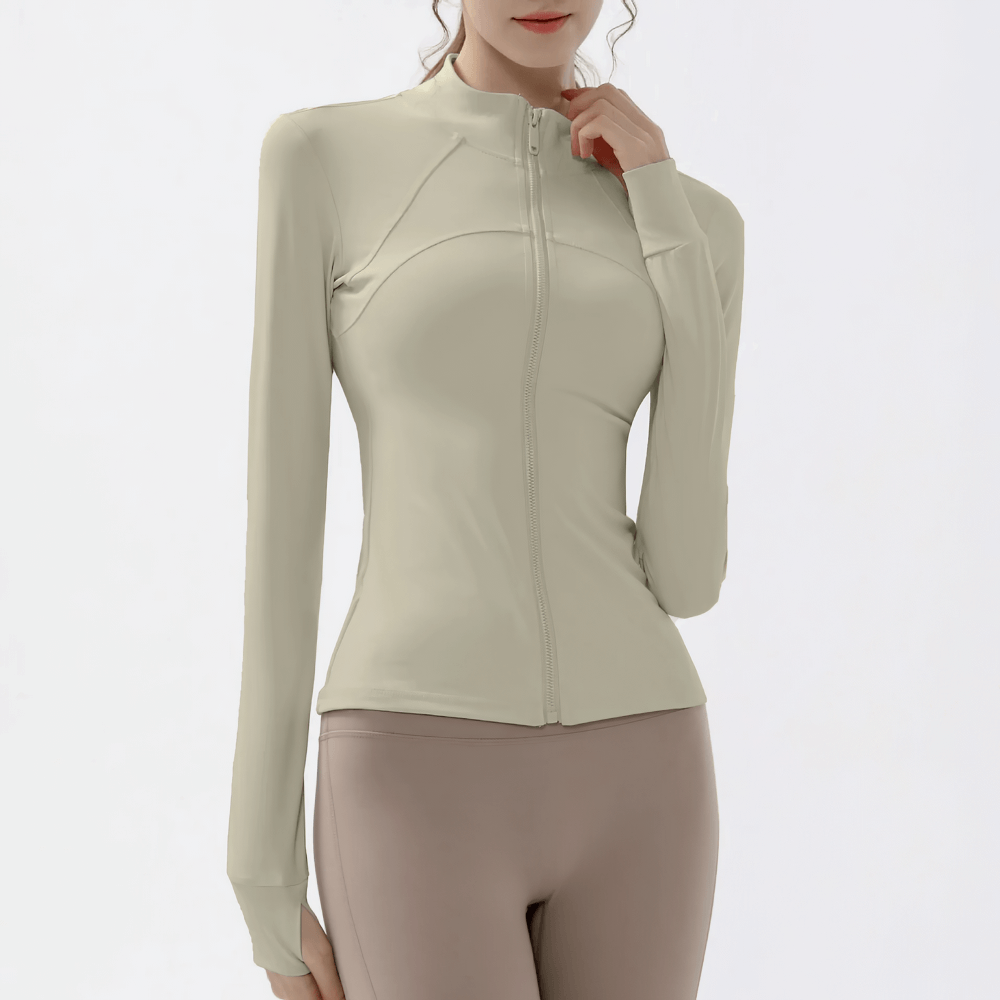 Woman wearing Women's Zip-Up Running Training Jacket Stand Collar - SF4030, featuring a fitted silhouette and breathable nylon.
