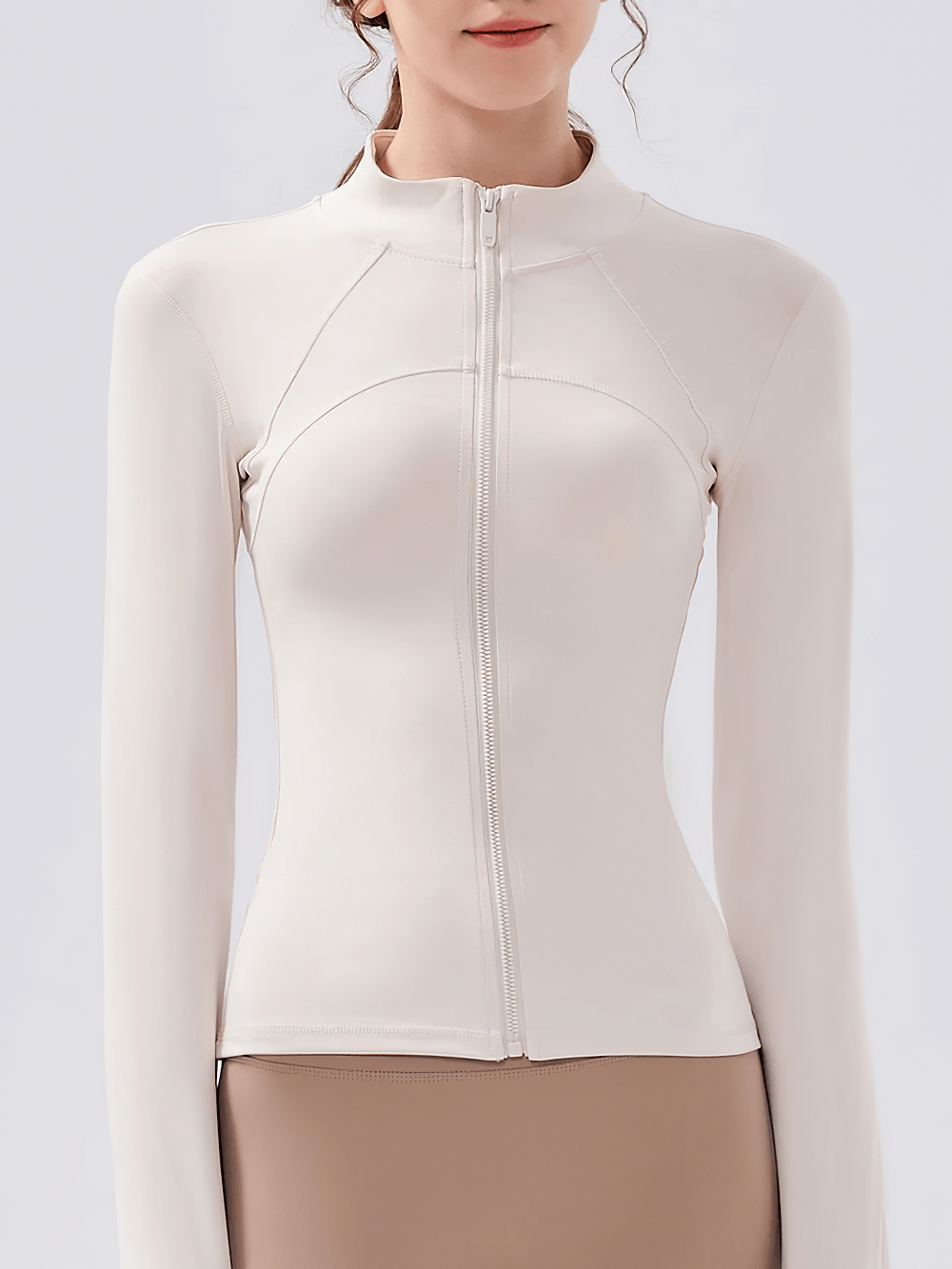 Women's Zip-Up Running Training Jacket Stand Collar - SF4030 in white, quick-drying, full zipper, breathable nylon, fitted silhouette.