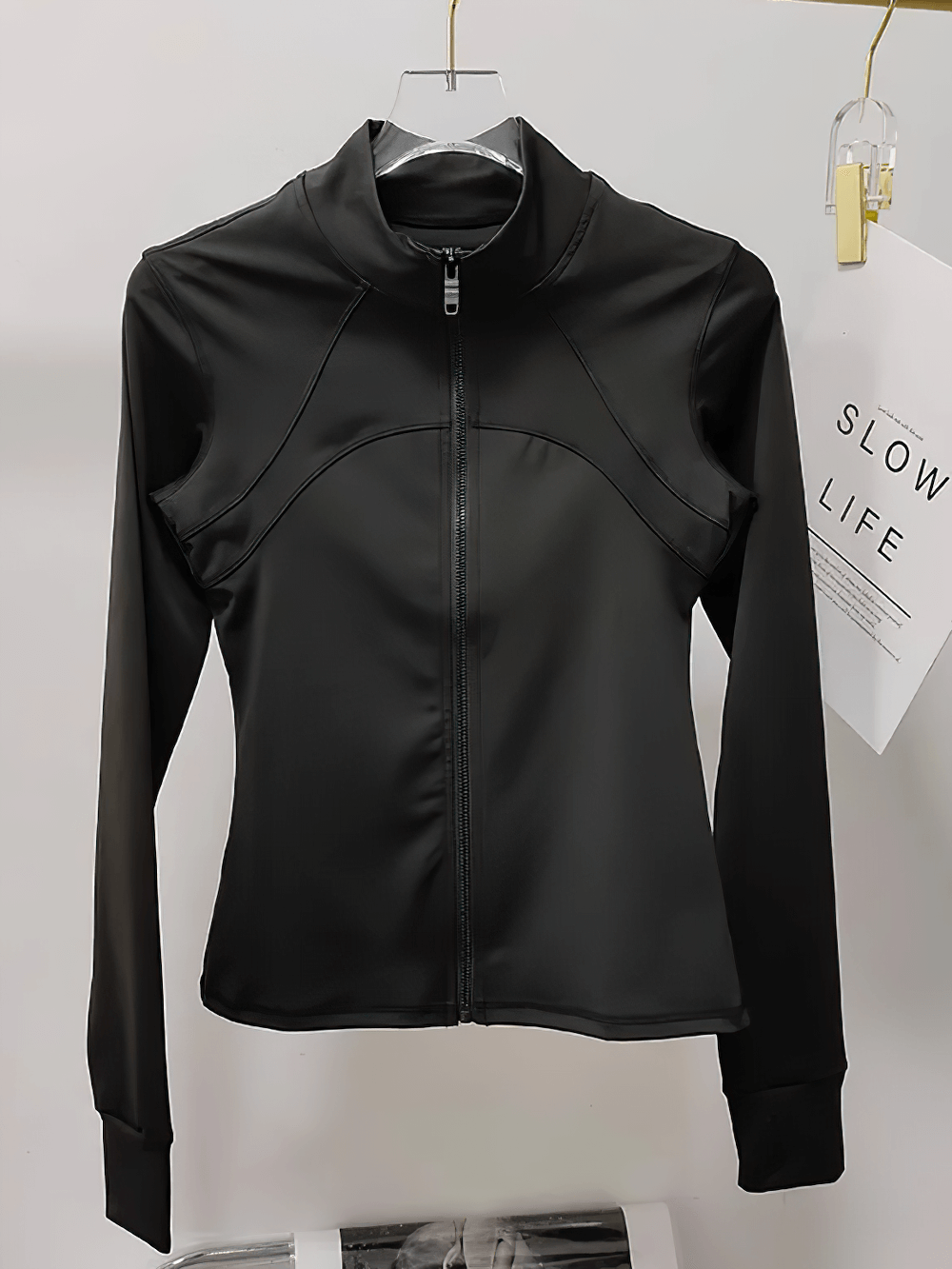 Women's Zip-Up Running Training Jacket Stand Collar - SF4030 black front view, breathable and quick-drying for workout sessions.