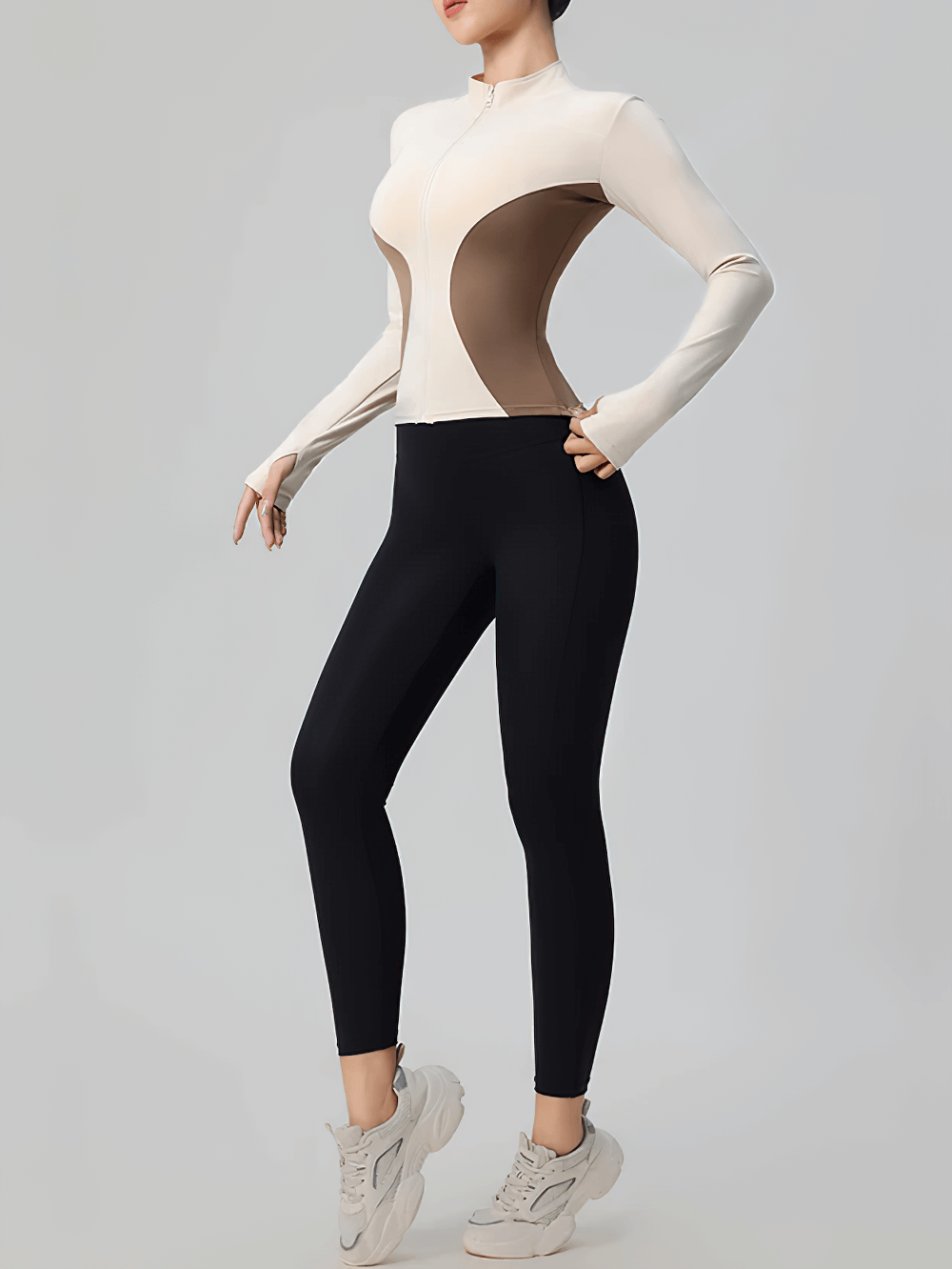 Woman wearing Women's Zip-Up Turtleneck Yoga Jacket with Thumbholes - SF4050, showing sporty style and form-fitting design.