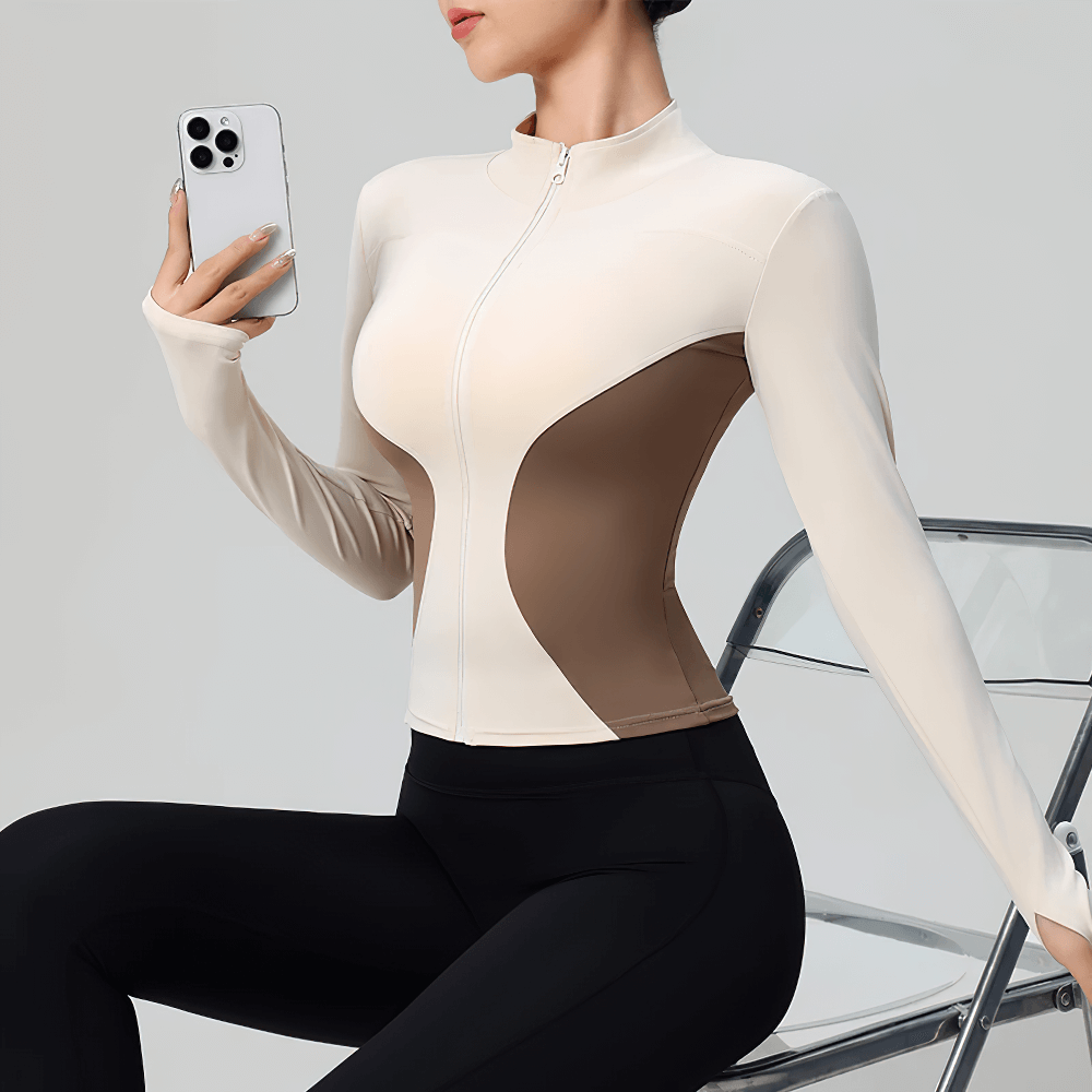 Women's Zip-Up Turtleneck Yoga Jacket with Thumbholes - SF4050 in beige, perfect for workouts, featuring sleek design and finger holes.