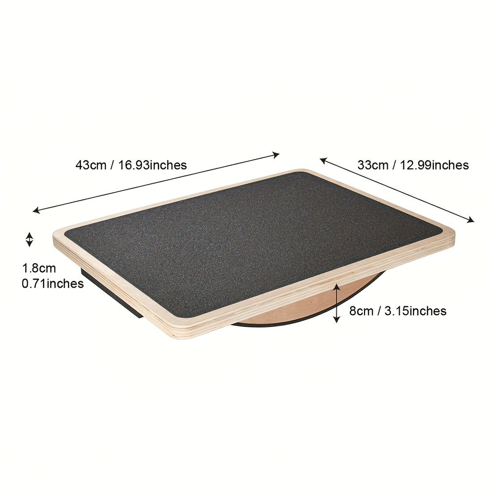 Wooden balance board SF2814 with anti-slip surface, dimensions labeled for stability training and physical therapy fitness.