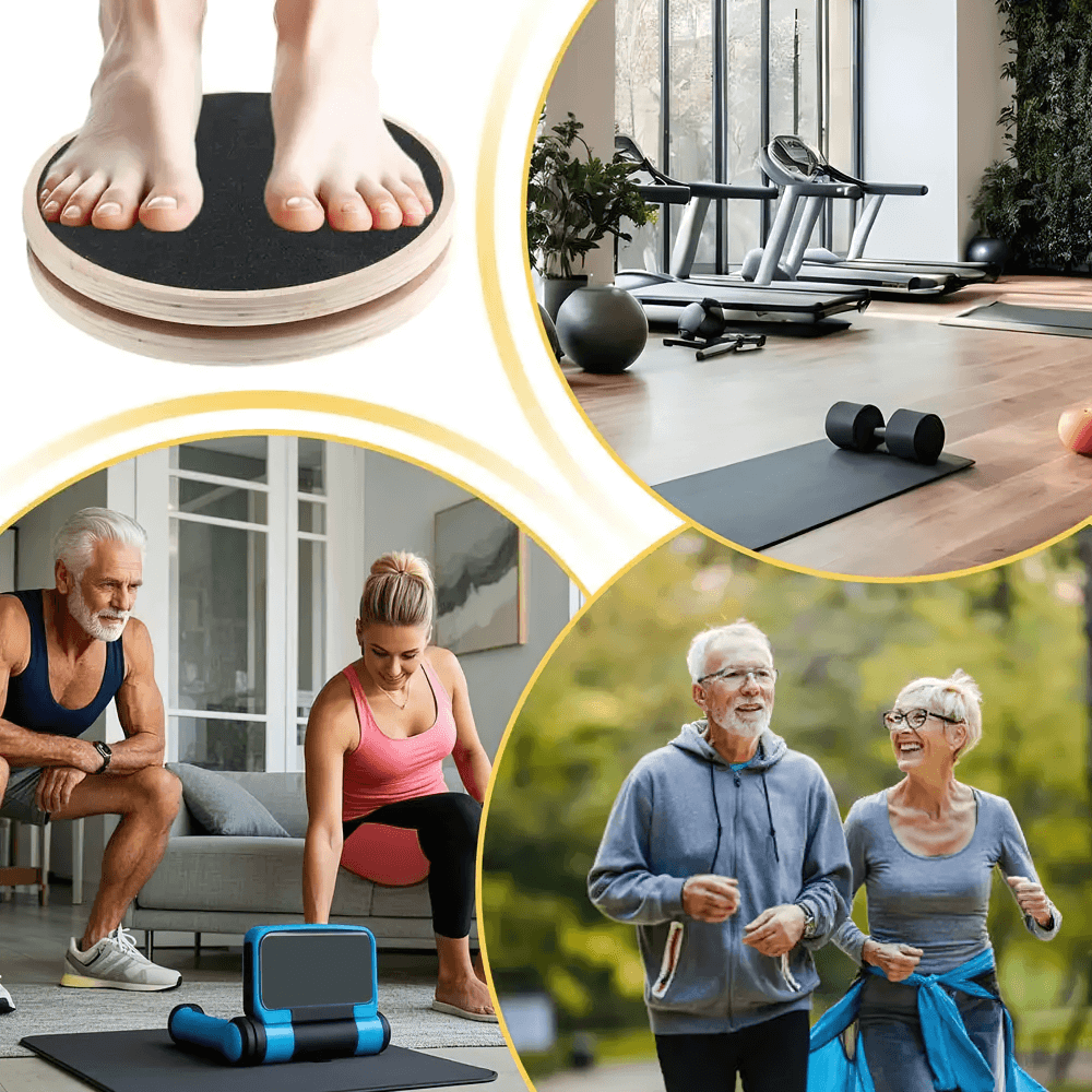 Wooden balance trainer disc for stability in home and gym settings; ideal for balance training, rehab, and fitness exercises.