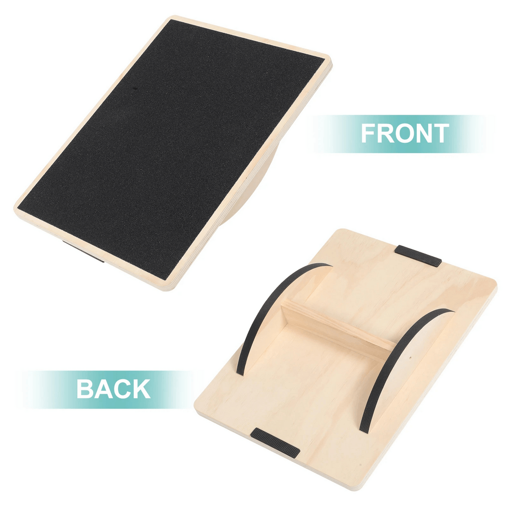 Wooden rectangular balance board for core training with non-slip surface and curved base, shown from front and back view.