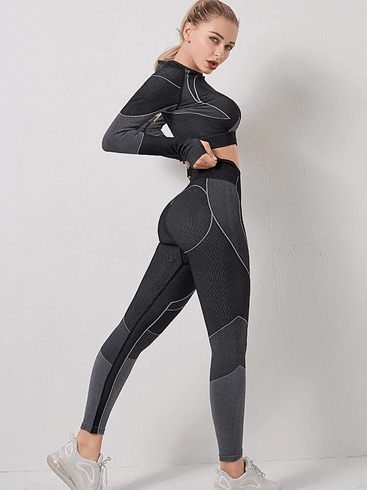 Women's workout suit with long sleeves and leggings, black and gray, breathable, quick dry, perfect for running and sports - SF1719