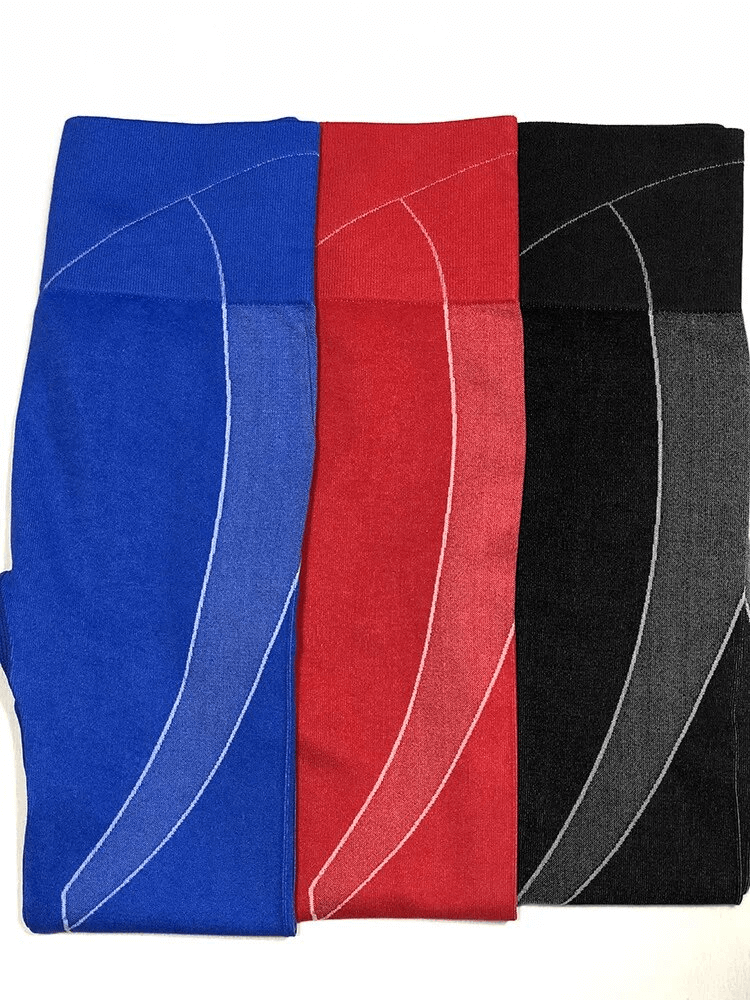Colorful workout leggings in blue, red, and black with stylish curves, perfect for women's activewear.