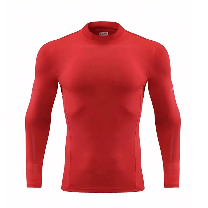 Red compression workout long sleeves top for men with turtleneck collar, perfect for all-season active wear.