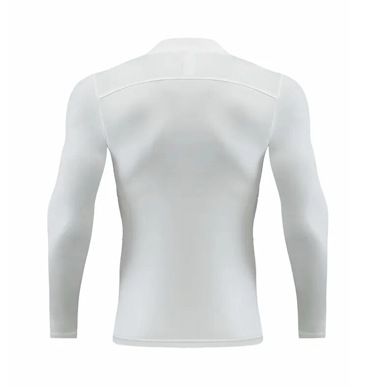 Back view of white men's compression workout long sleeve top, turtleneck collar, performance-ready, polyester-spandex blend, SF1613.