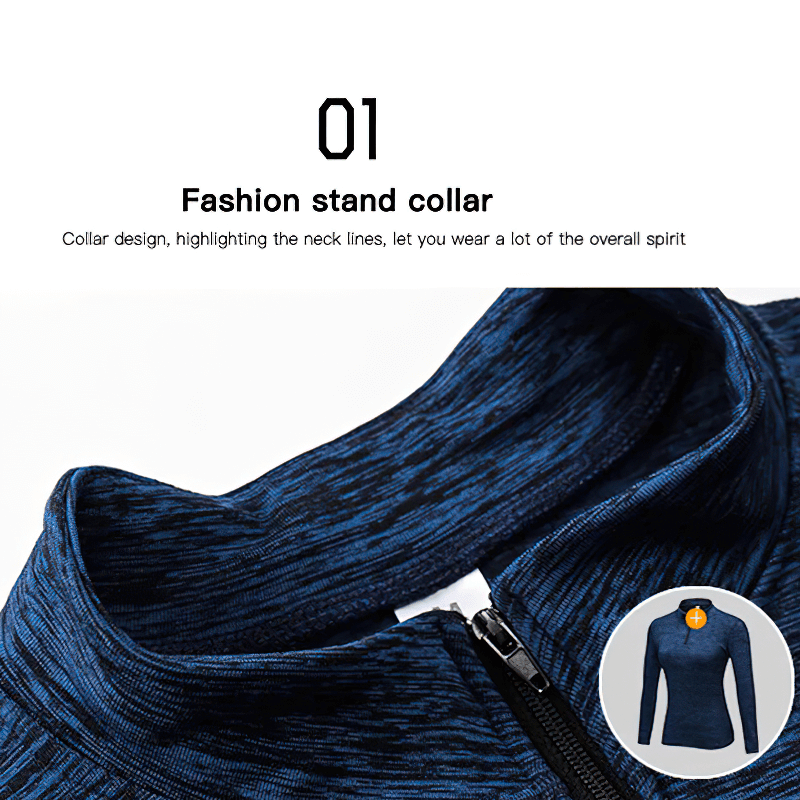Close-up of a blue workout zipper sports top with fashion stand collar, highlighting detailed design and fabric texture.
