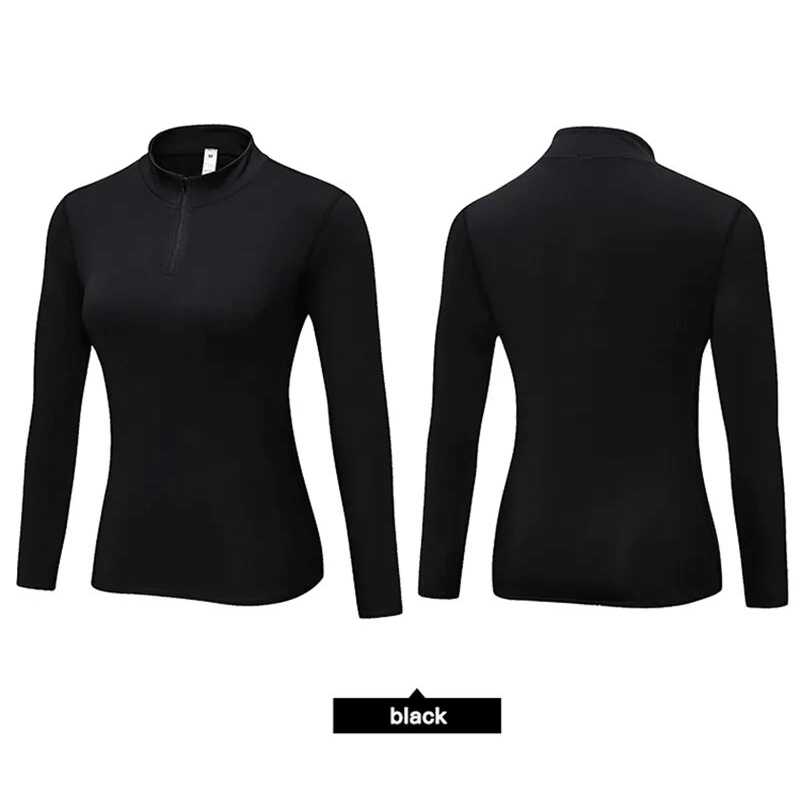 Black workout zipper warm sports top with long sleeves for women, made of polyester and spandex, shown front and back view on white background.