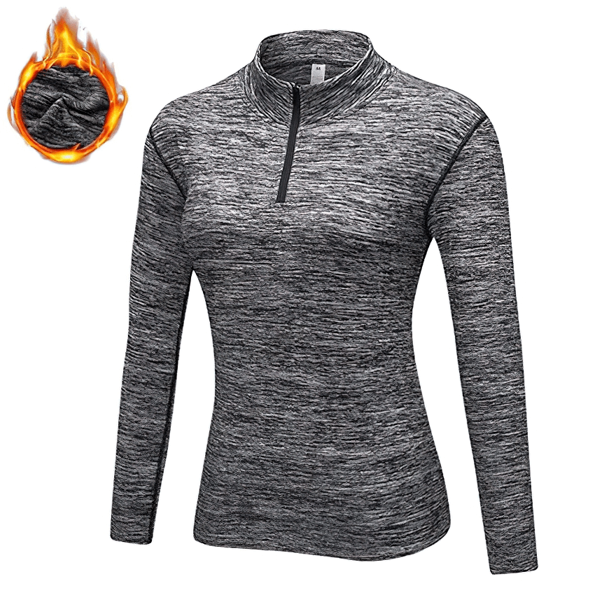 Women's workout zipper warm sports top, grey with full sleeves, made of polyester and spandex. Ideal for keeping warm and cozy during exercise.