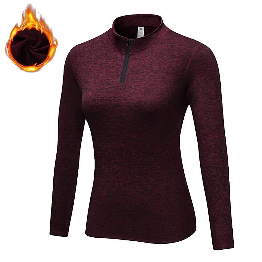 Women's warm workout zipper sports top with long sleeves, breathable and quick-dry fabric, in deep burgundy color.