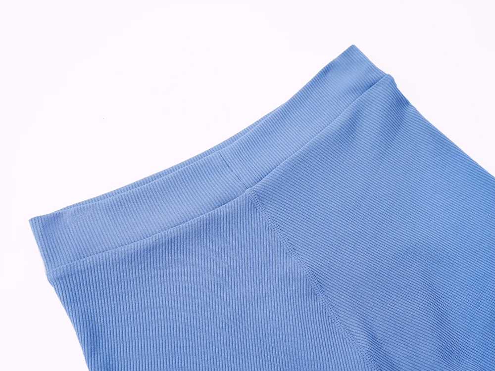 Close-up of blue yoga and fitness shorts for women, showcasing the ribbed texture and snug waistband. Perfect for active lifestyles.