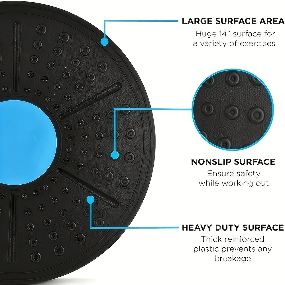 Yoga Balance Board with large nonslip surface, 14-inch diameter for exercises, in black with blue center, durable construction.