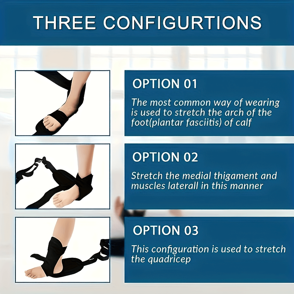 Foot stretching strap with three configuration options for calf, medial thigh, and quadricep stretches. Ideal for flexibility training.