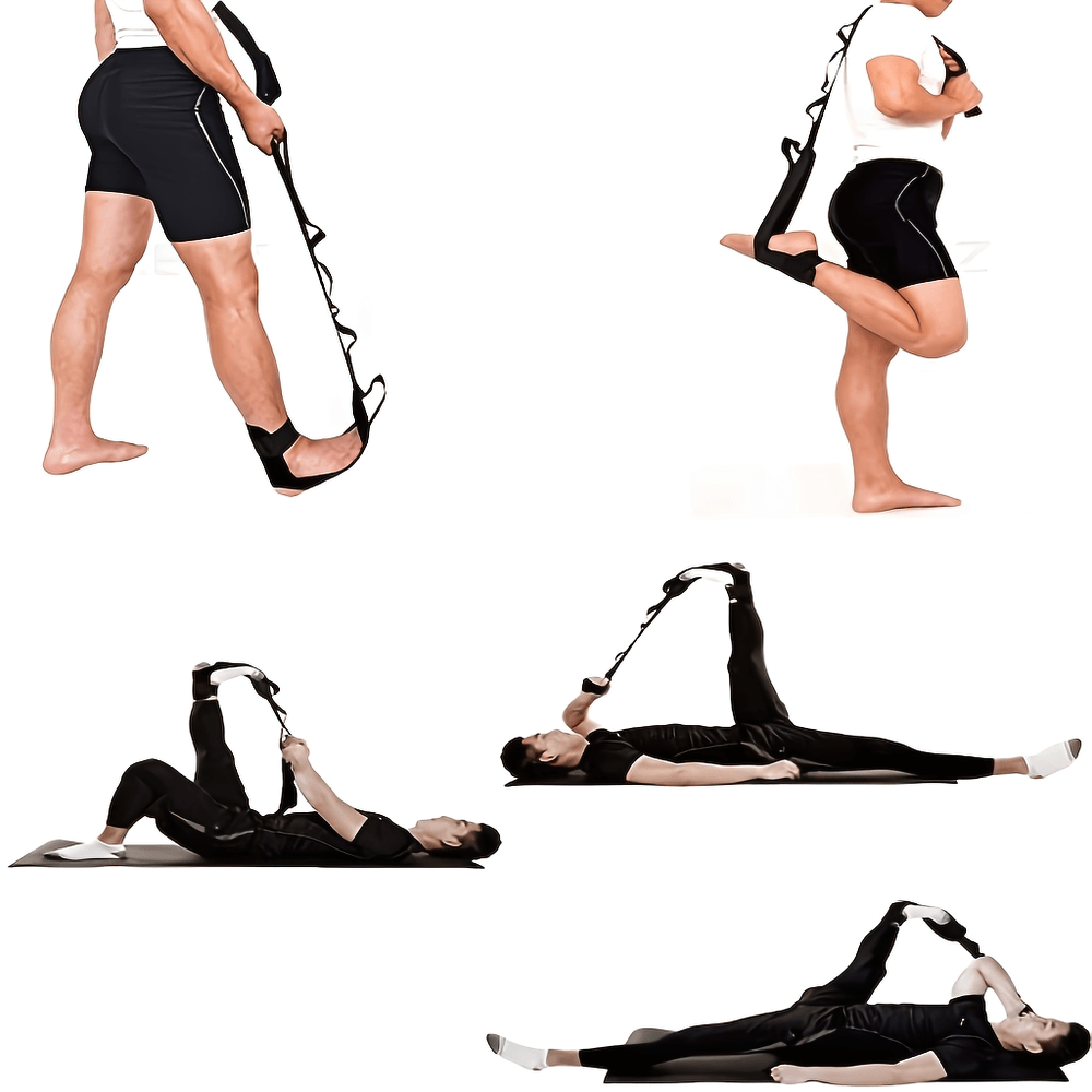 Yoga foot stretching strap used in various poses for flexibility and rehab training, featuring multiple loops for progressive stretching.