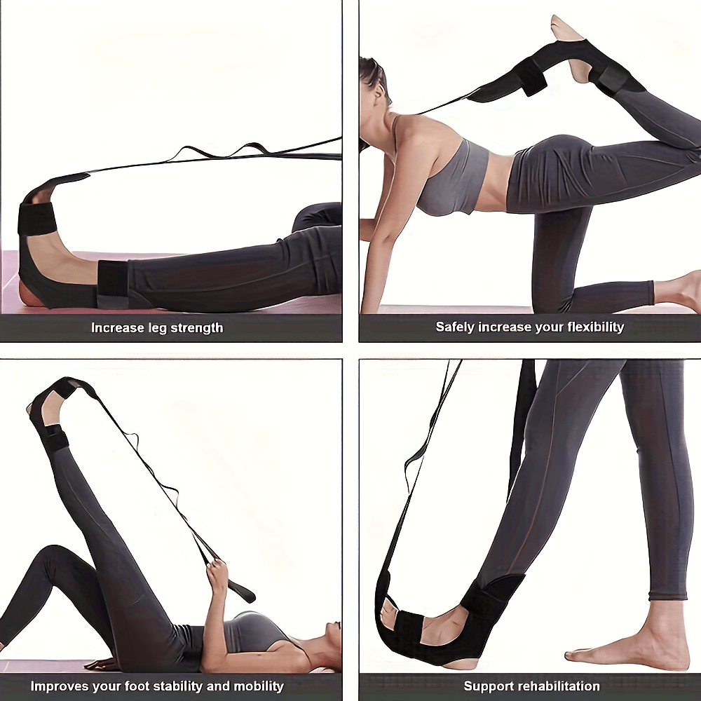 Person using yoga foot stretching strap for flexibility and strength training, ideal for rehab and Pilates workouts.